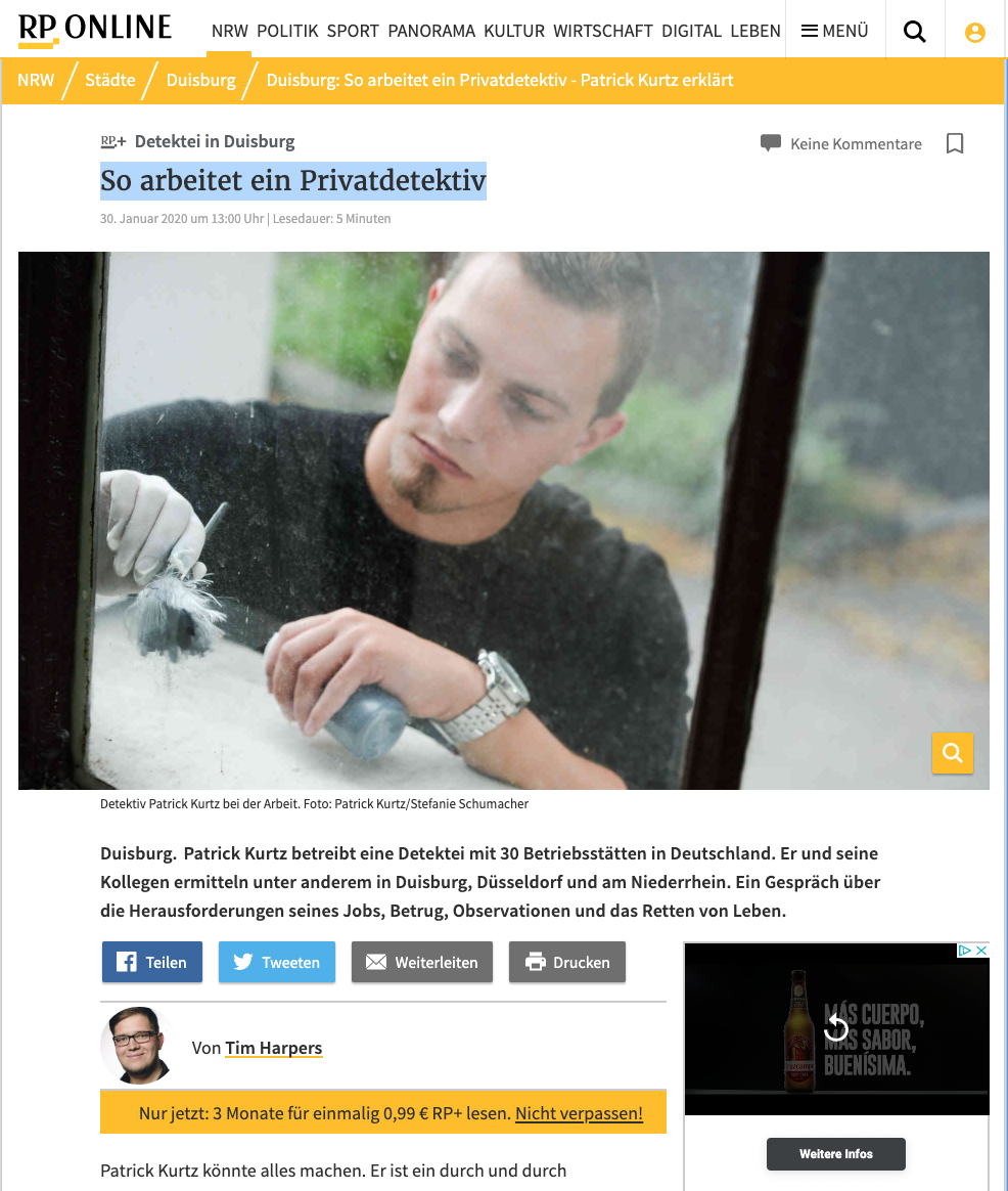 Patrick Kurtz Interview Rheinische Post; Detektei Duisburg, Detektiv Duisburg, Privatdetektiv Duisburg, Kurtz Detektei Duisburg