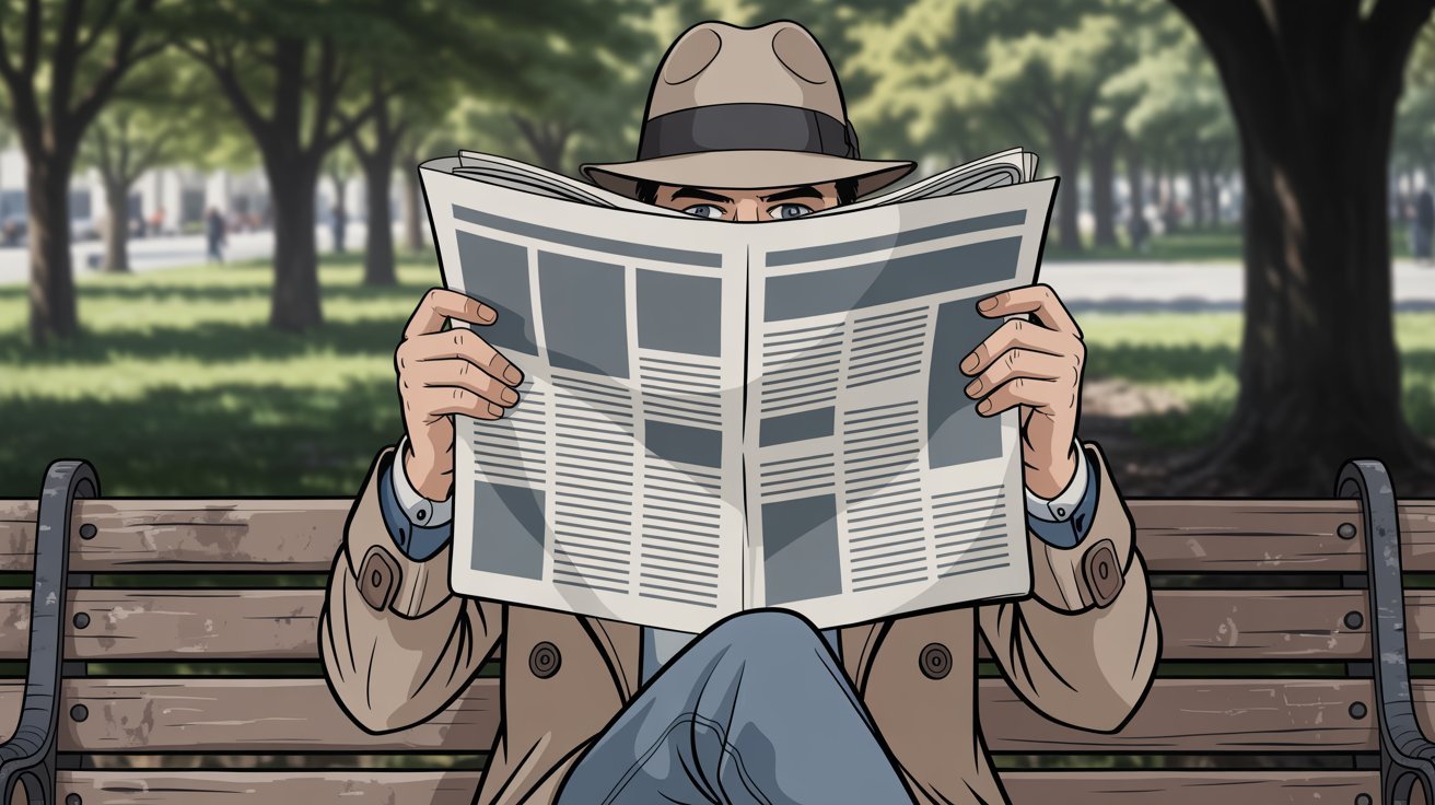 Pseudo-Detektiv versteckt Gesicht hinter Zeitung (Detektiv-Klischee); Duisburg Detektei, Duisburg Detektiv, Duisburg Detektivagentur, Duisburg Detektivbüro