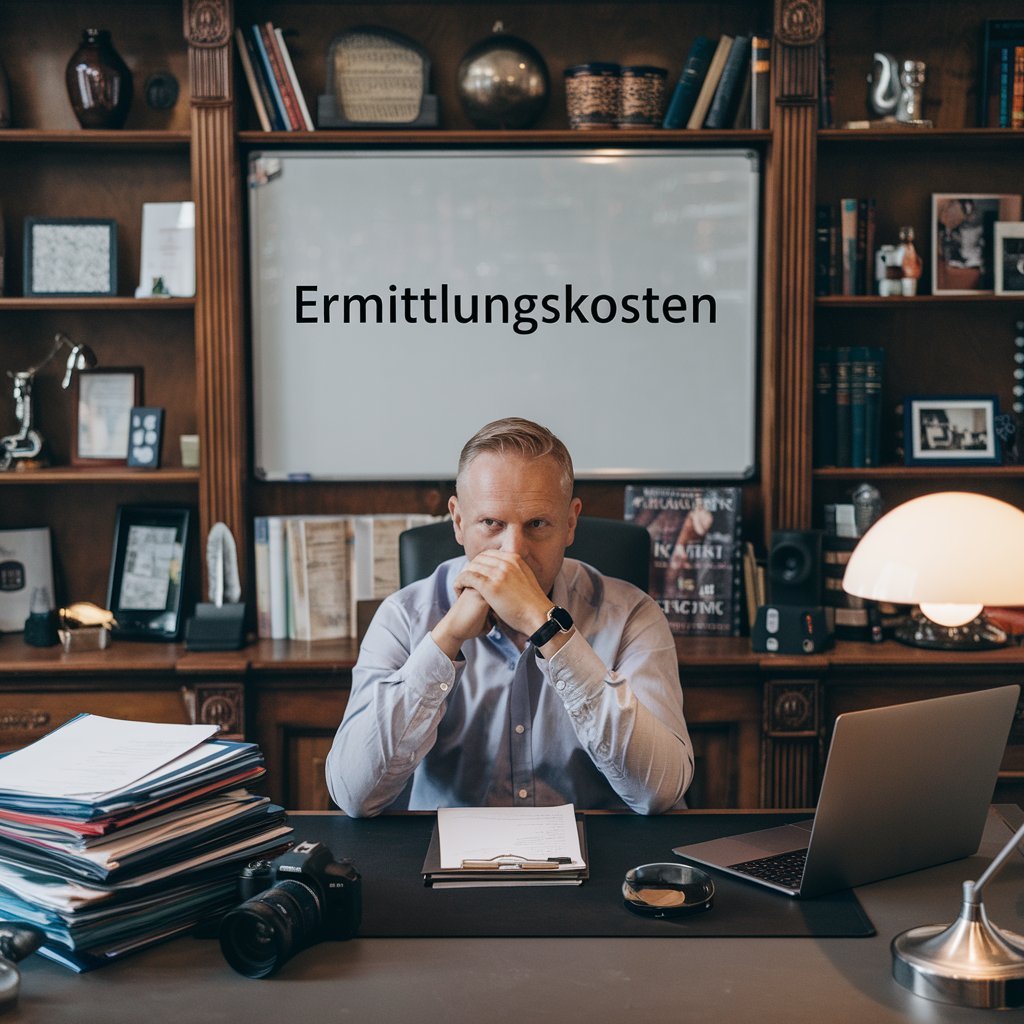 Detektiv vor Tafel mit Aufschrift "Ermittlungskosten"; Honorare von Detektiven Duisburg, Kosten für Detektei Duisburg